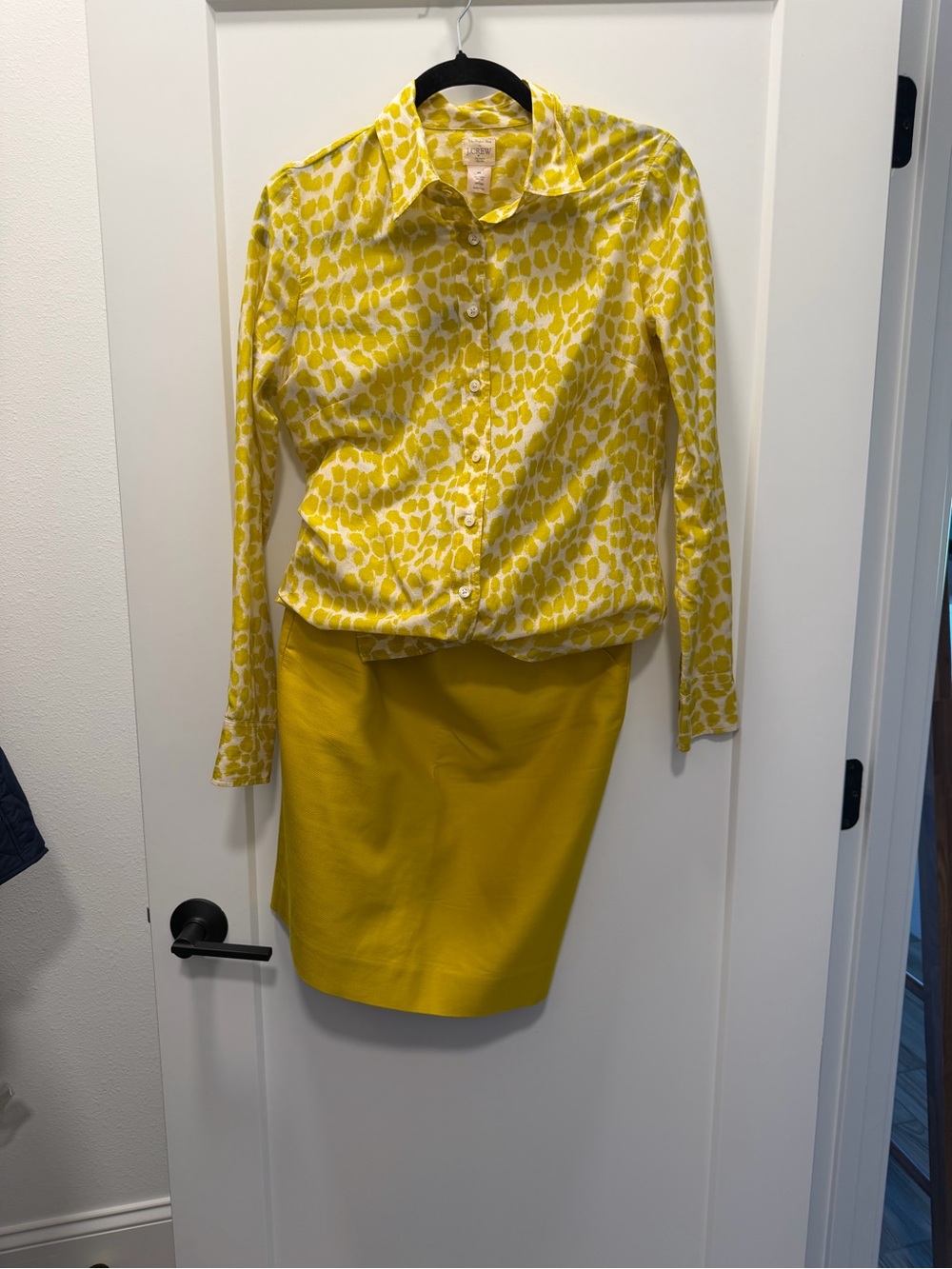 J.Crew Yellow and White Printed Button-Up Shirt XS & Pencil Skirt 4
